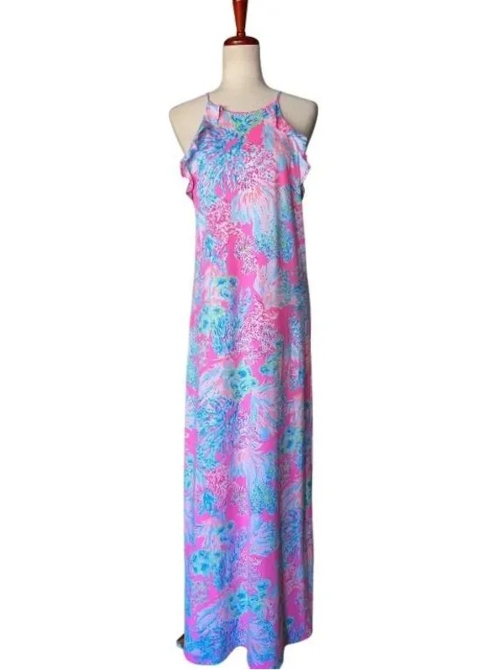 Lilly Pulitzer Billie Pink Floral Pima Cotton Ruffle Halter Maxi Dress Small